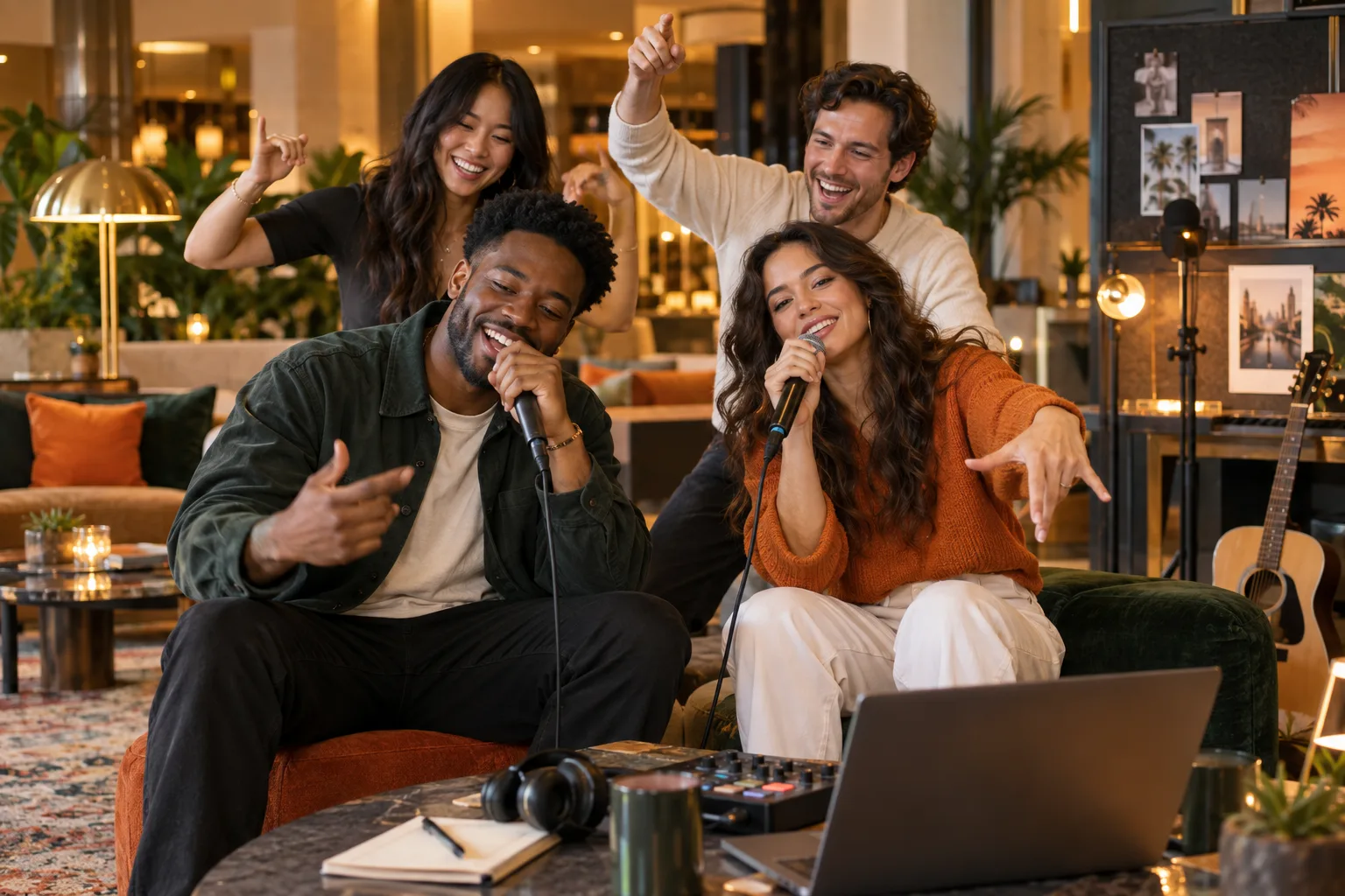 Four friends enjoying a playful rap duet in a warm hotel lounge
