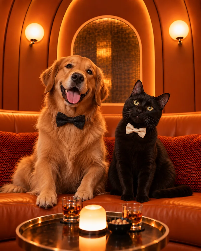Golden retriever and black cat posed as a Hotel Lobby AI orange booth duo